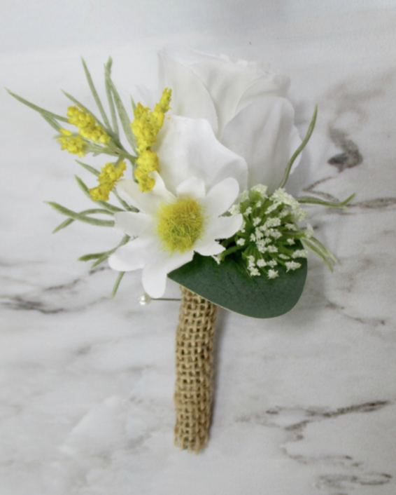 daisy buttonhole, rustic daisy buttonhole, nigella wild flower buttonhole